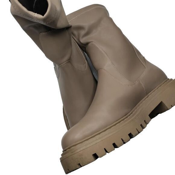 H&M Beige Women 10 Faux Leather Platform Jadon 90s Chunky Hiking Ankle Boots Y2K - Picture 6 of 6